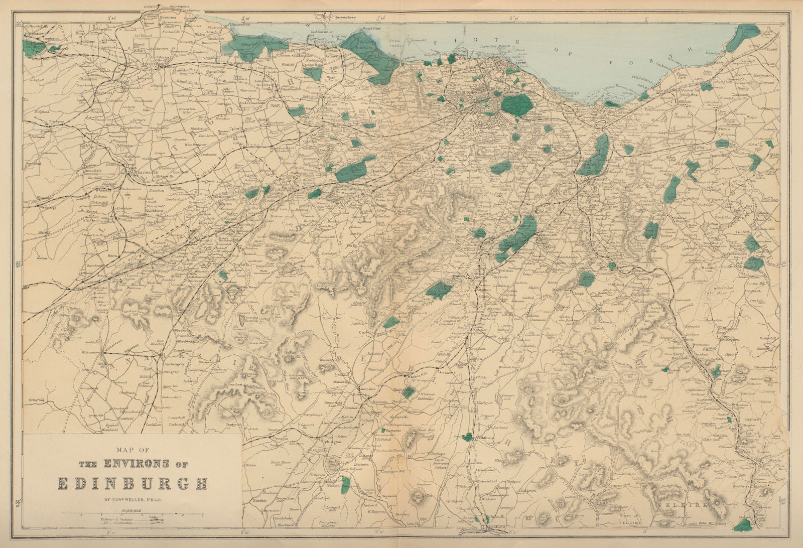 EDINBURGH & ENVIRONS West Lothian Midlothian antique map by GW BACON 1883